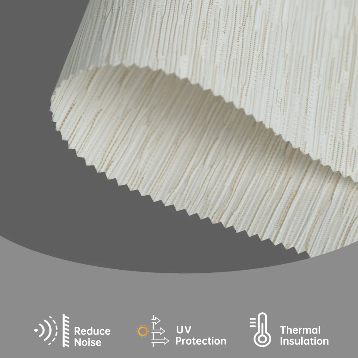 Jacquard beige textured fabric gently filters light, reduces glare, and adds luxurious warmth and depth to interiors.