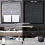 acquard grey motorized light filtering roller shade supports voice commands and scheduled timer for seamless daily automation.