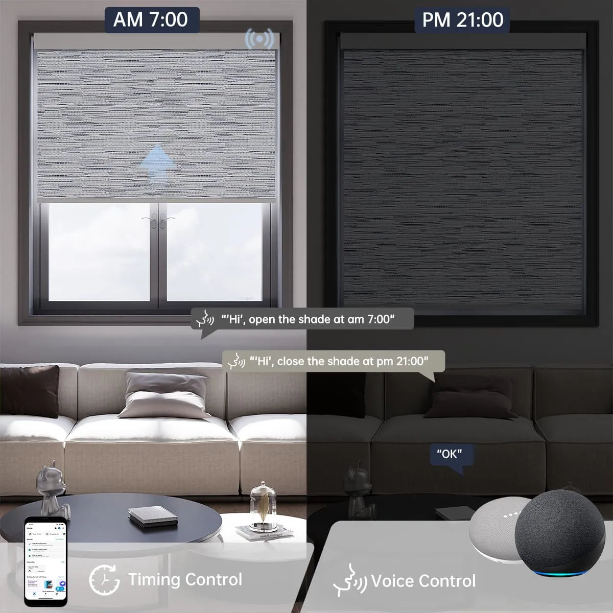 acquard grey motorized light filtering roller shade supports voice commands and scheduled timer for seamless daily automation.