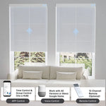 Jacquard white light filtering shade with app, voice, or hub remote, easily managing up to 16 grouped shades.