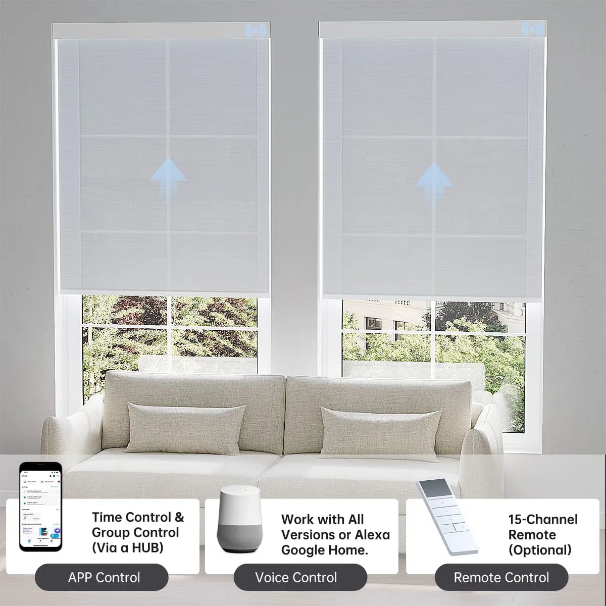 Jacquard white light filtering shade with app, voice, or hub remote, easily managing up to 16 grouped shades.