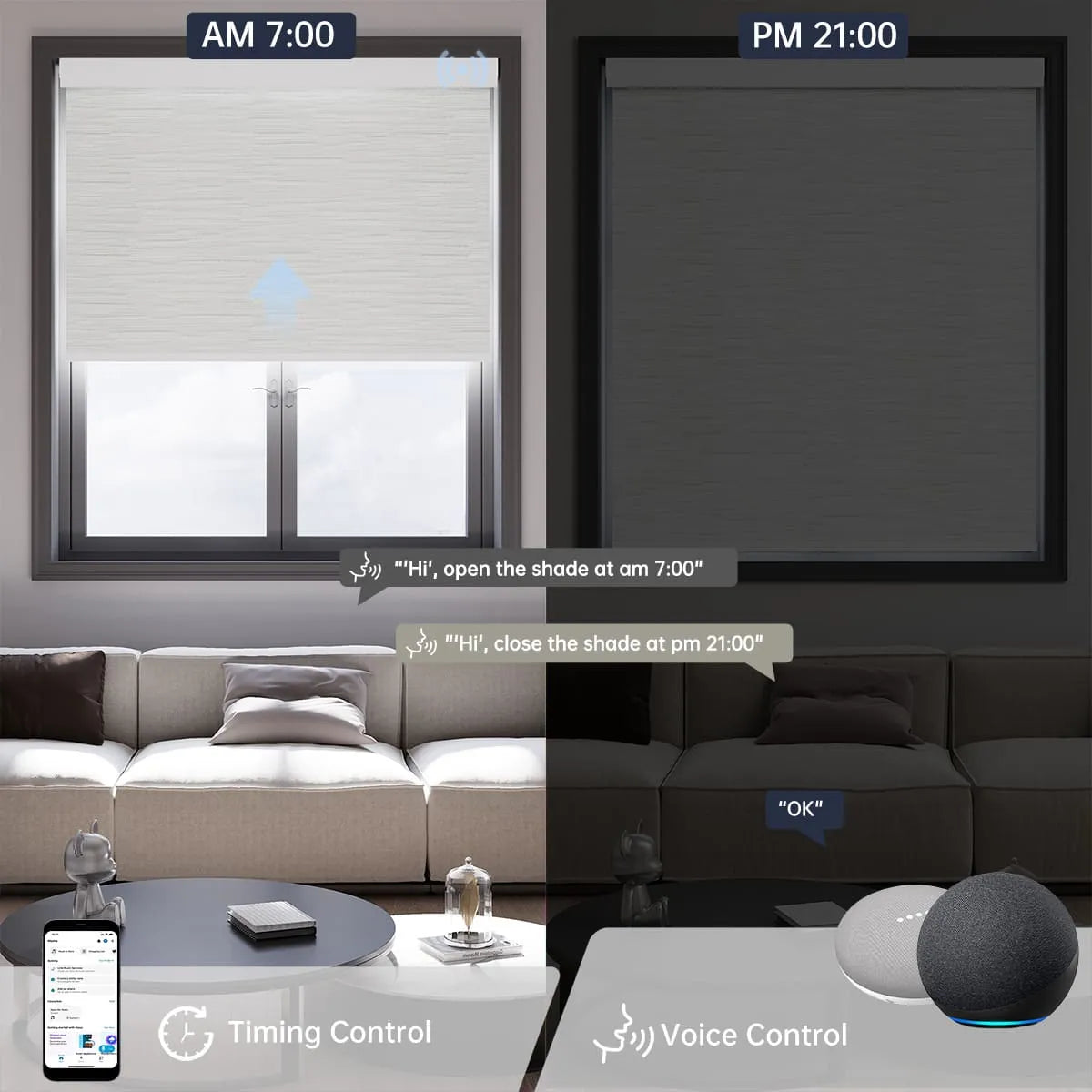 Jacquard white motorized light filtering roller shade supports voice commands and scheduled timer for effortless daily automation.
