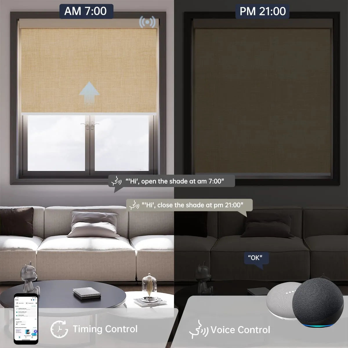 Light coffee motorized light filtering roller shade supports voice commands and scheduled timer for seamless daily control..