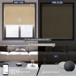 Light coffee motorized light filtering roller shade supports voice commands and scheduled timer for seamless daily control..
