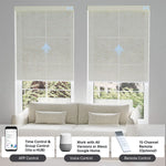 Linen beige textured light filtering shade with app, voice, or hub remote, managing up to 16 grouped shades easily.