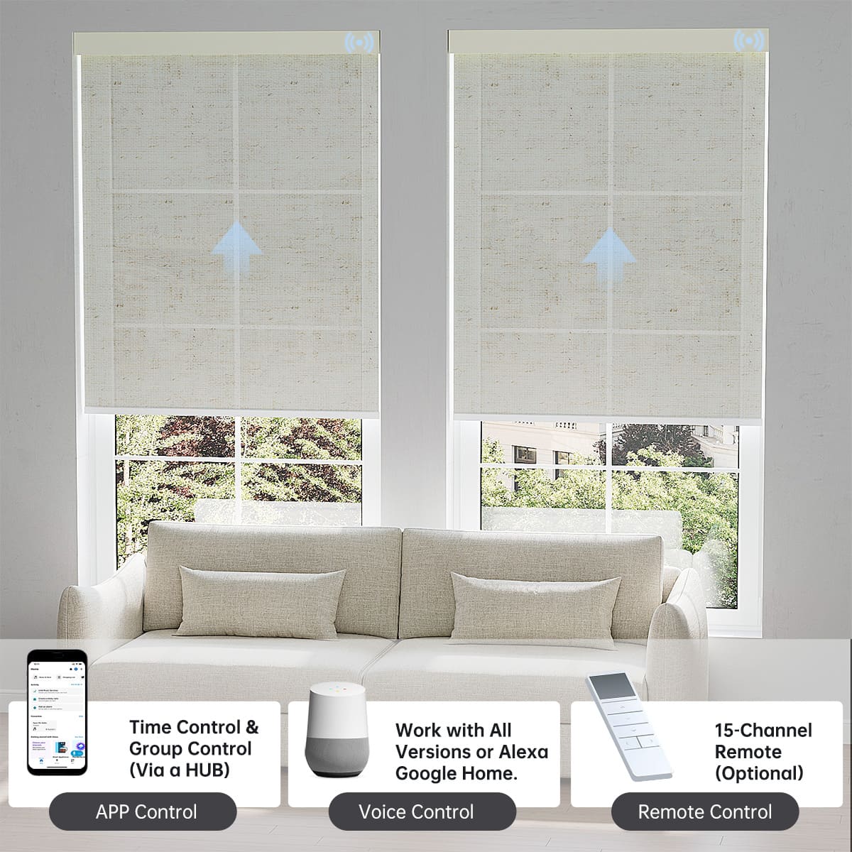 Linen beige textured light filtering shade with app, voice, or hub remote, managing up to 16 grouped shades easily.