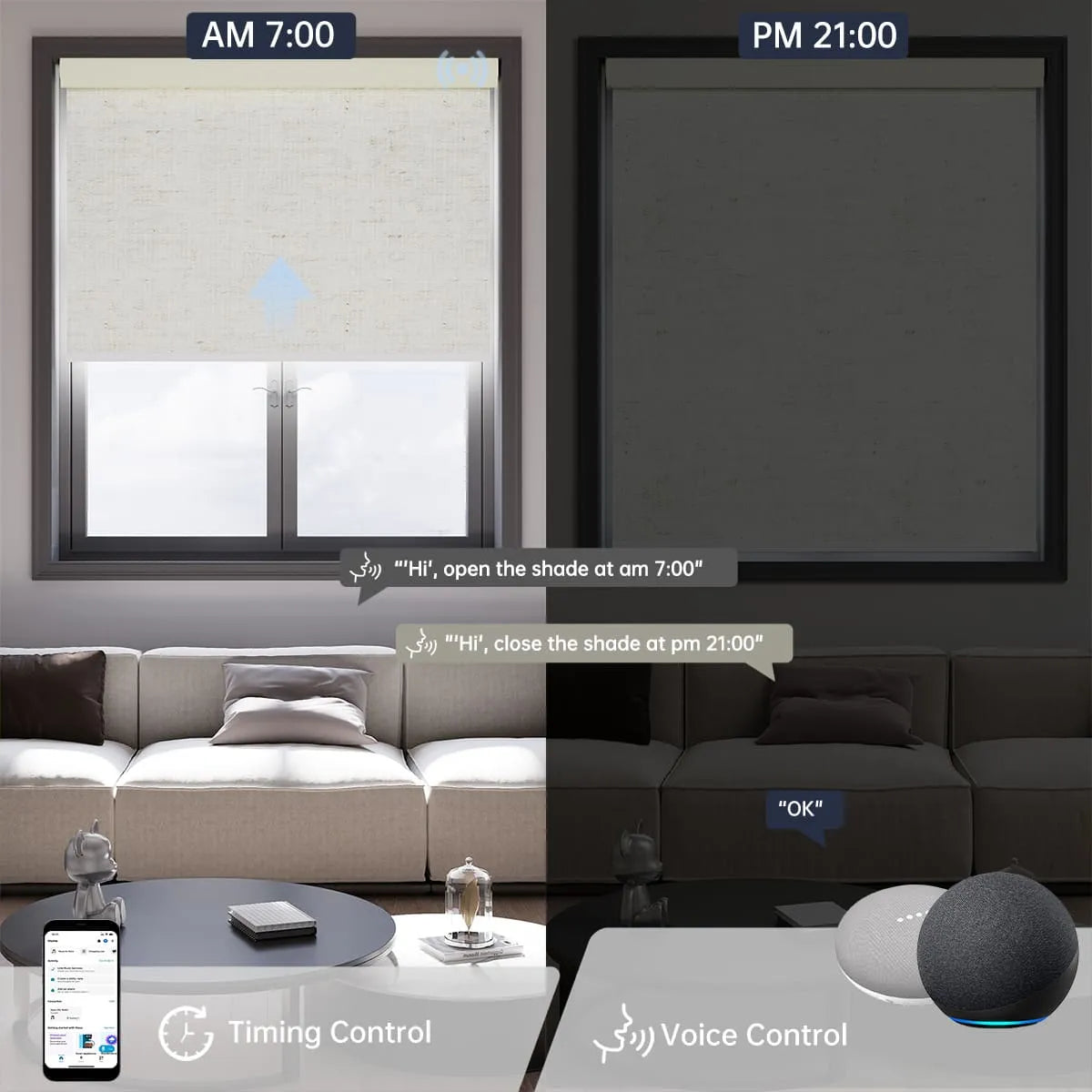 Linen beige motorized light filtering roller shade supports voice commands and scheduled timer for effortless daily automation.