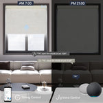 Linen beige motorized light filtering roller shade supports voice commands and scheduled timer for effortless daily automation.