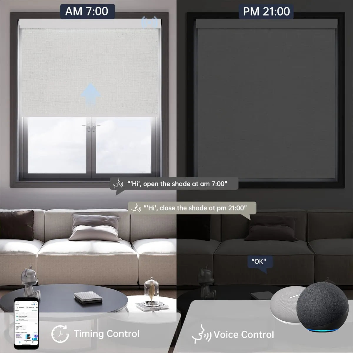 Minimalist plain white motorized light filtering roller shade supports voice commands and scheduled timer for hands-free daily control.