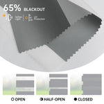 65% light grey zebra shade demonstrating fully open, half-open, and closed positions; soft light, sun protection.