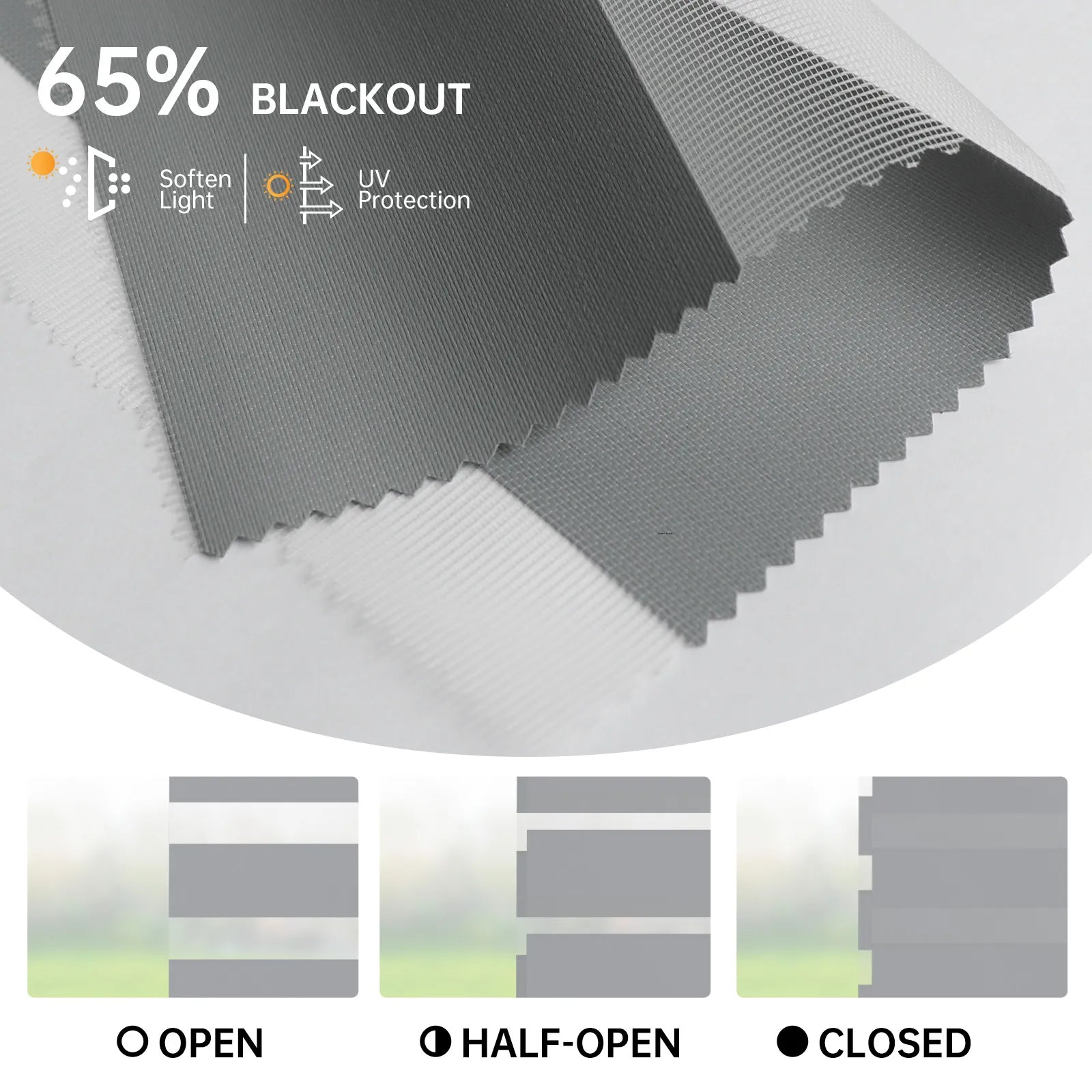 65% light grey zebra shade demonstrating fully open, half-open, and closed positions; soft light, sun protection.