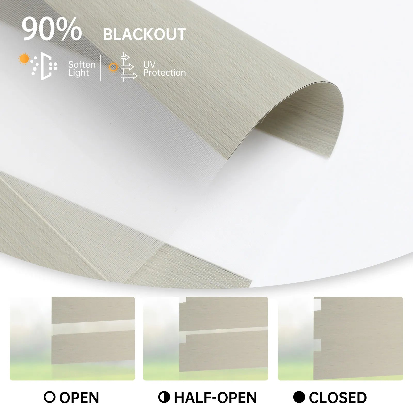 Beige zebra shade shown fully open, half-open, and closed; soft light and sun protection.