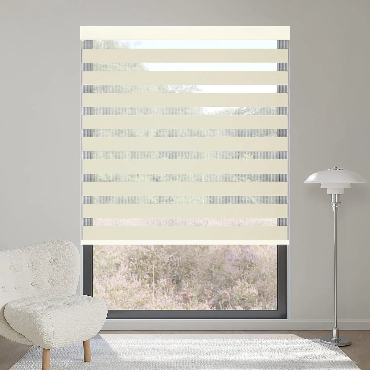 Beige motorized zebra shade blocks 90% sunlight, providing soft, elegant layered lighting in rooms.