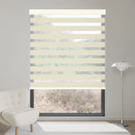 Beige motorized zebra shade blocks 90% sunlight, providing soft, elegant layered lighting in rooms.
