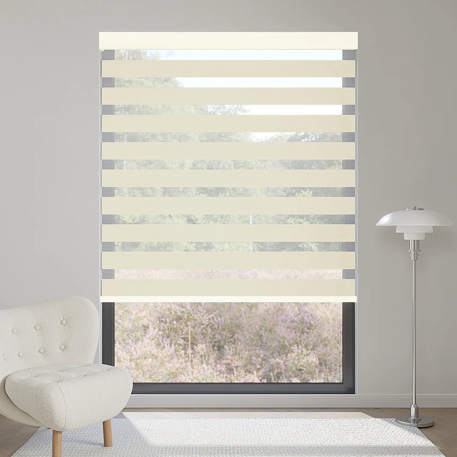Beige motorized zebra shade blocks 90% sunlight, providing soft, elegant layered lighting in rooms.