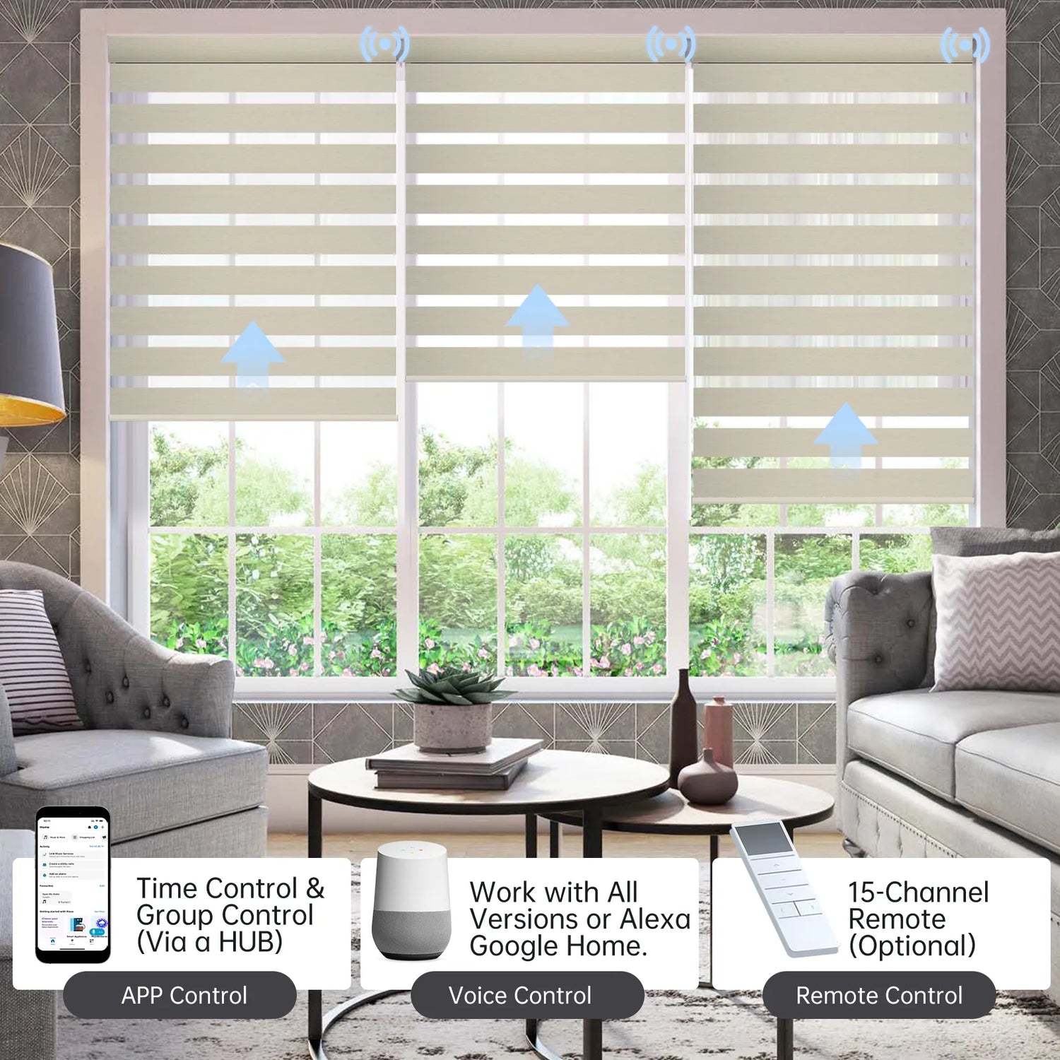Beige zebra shade controllable via app, voice, or hub remote; manages up to 16 grouped shades easily.