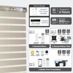 Smart beige motorized zebra shade with Bluetooth, Zigbee, or Matter motor; 6h charge powers 800+ uses.