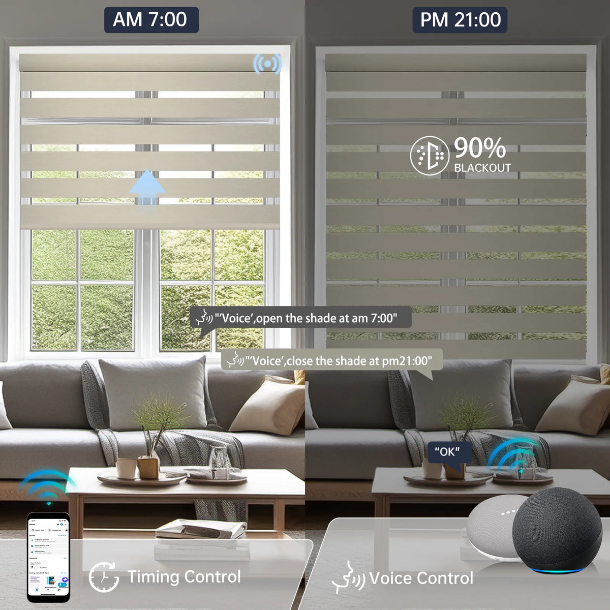 Motorized beige zebra shade supports voice commands and timer scheduling for hands-free operation.