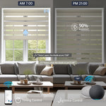 Motorized beige zebra shade supports voice commands and timer scheduling for hands-free operation.