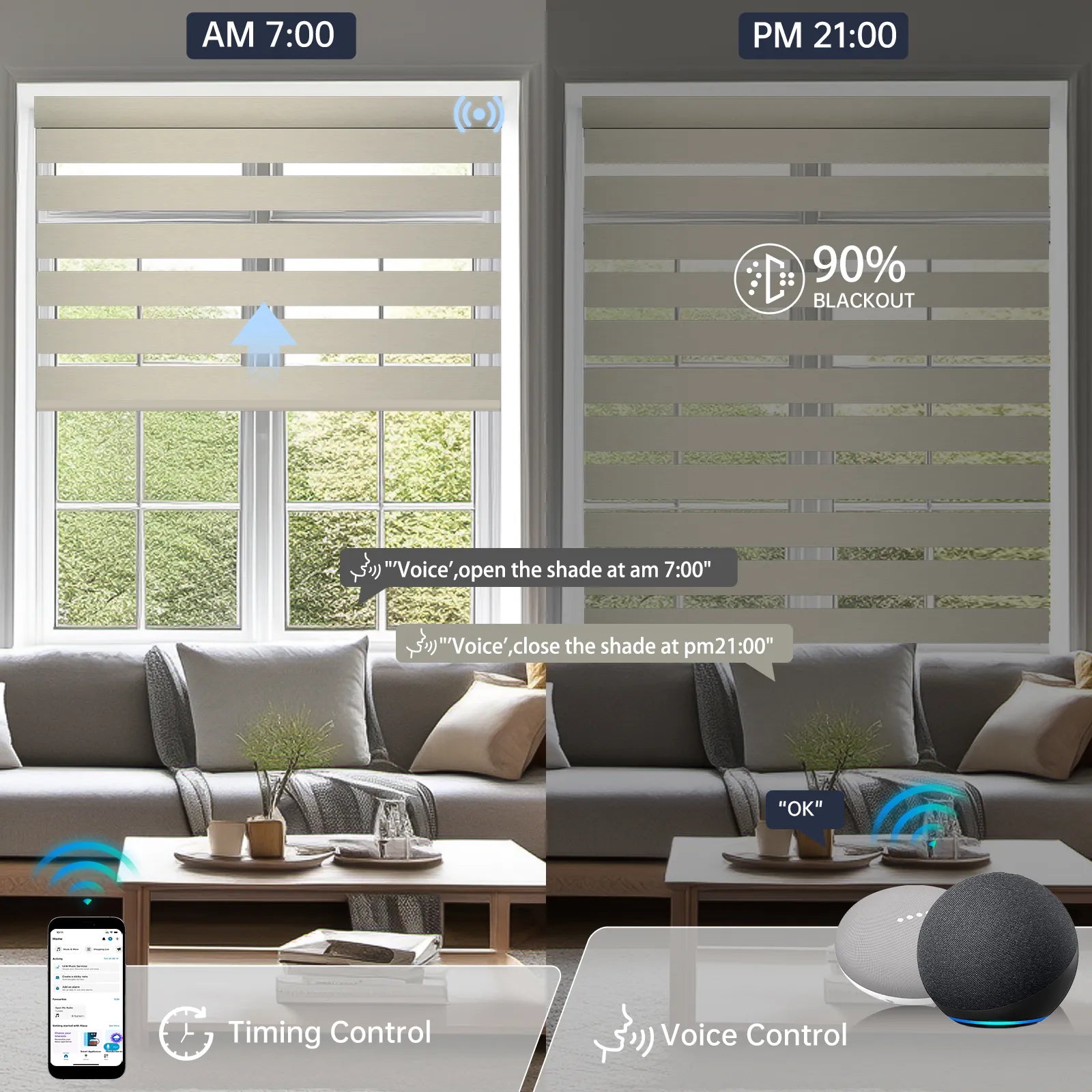 Motorized beige zebra shade supports voice commands and timer scheduling for hands-free operation.