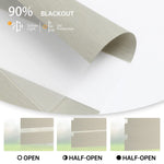 Beige zebra shade shown fully open, half-open, and closed; soft light and sun protection.