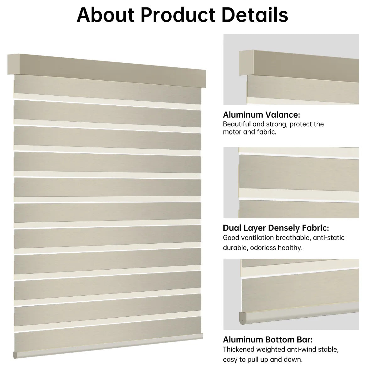 Close-up of beige zebra shade headrail and bottom rail, emphasizing premium striped design.