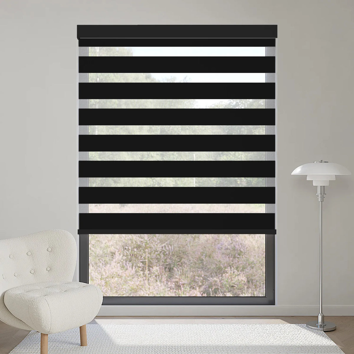 Classic 80% black zebra shade blocks most sunlight while creating a stylish layered effect indoors.