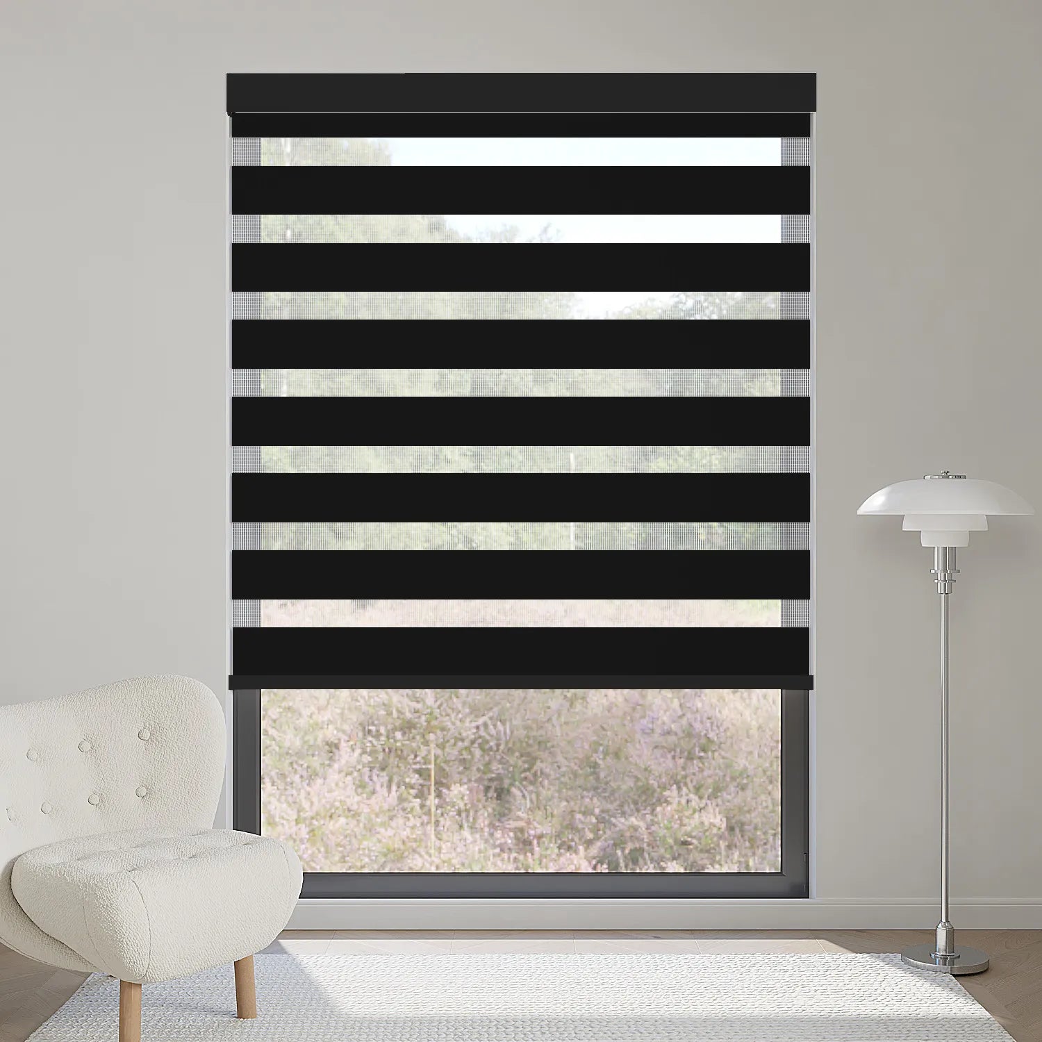 Classic 80% black zebra shade blocks most sunlight while creating a stylish layered effect indoors.