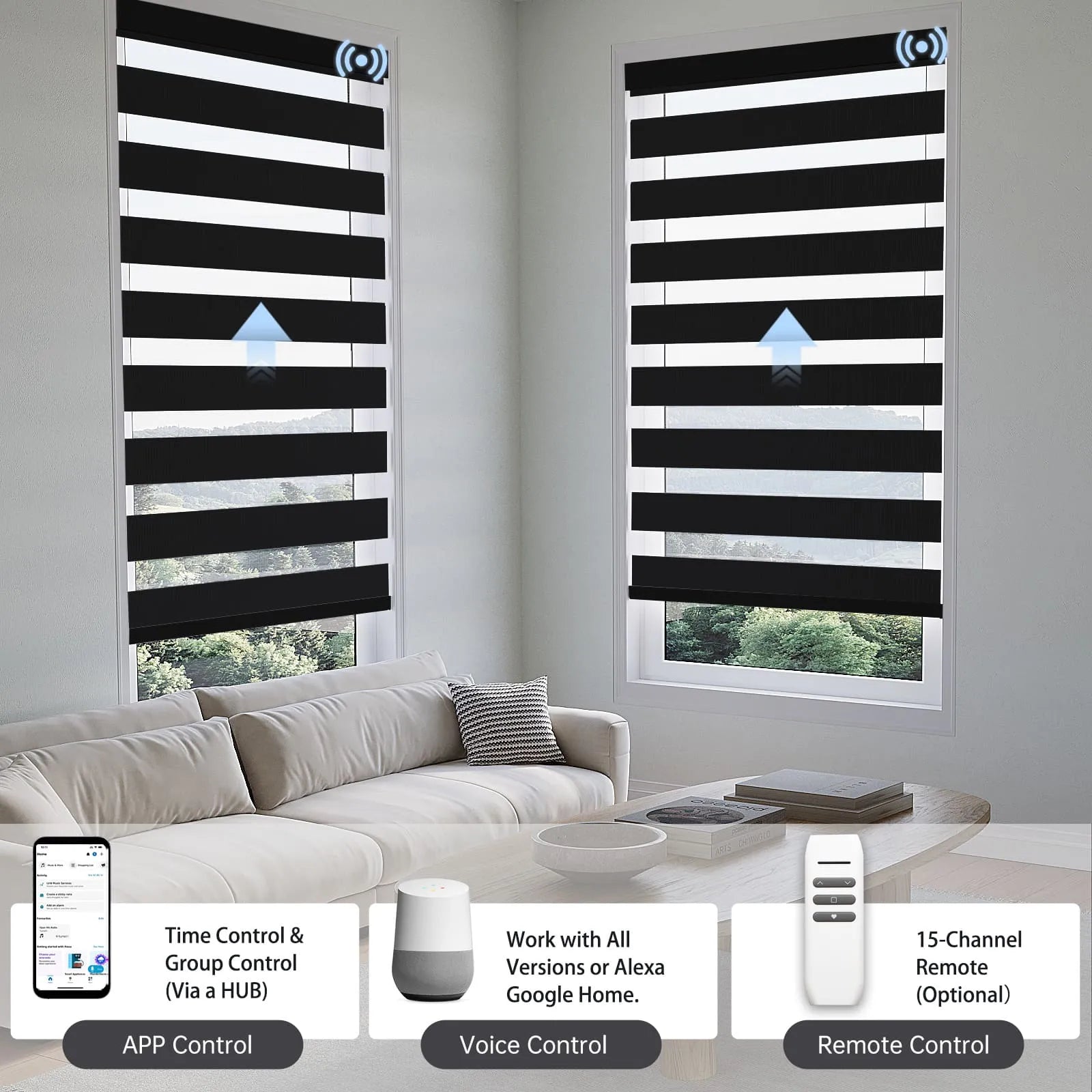80% black zebra shade with app, voice, or hub remote, easily controlling up to 16 grouped shades.