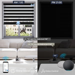 Motorized 80% black zebra shade supports voice control and scheduled timer for effortless daily use.
