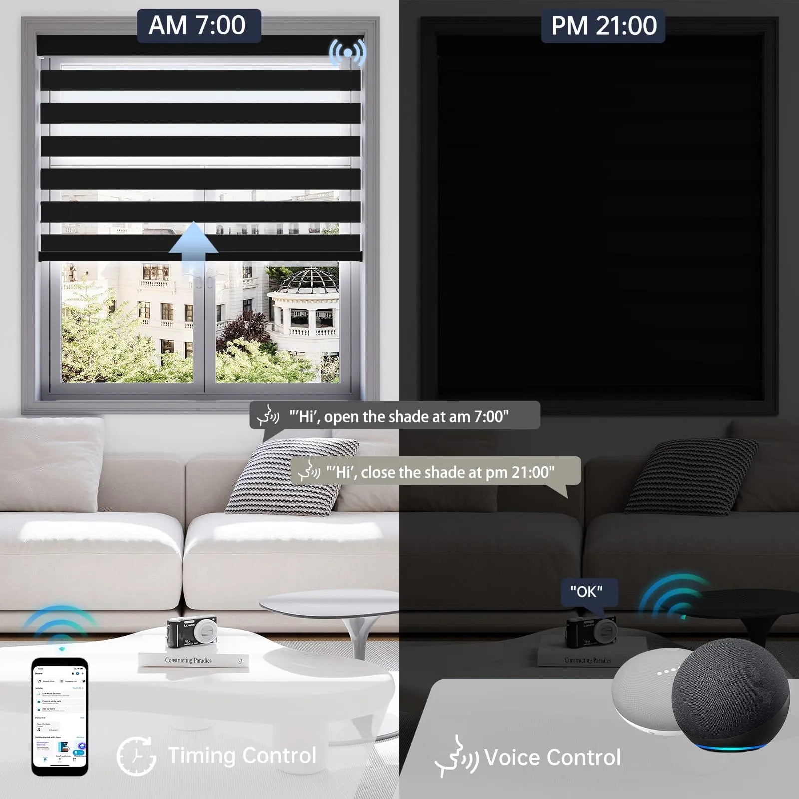 Motorized 80% black zebra shade supports voice control and scheduled timer for effortless daily use.