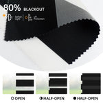 80% black zebra shade shown fully open, half-open, and closed; soft light and sun protection.