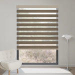 Coffee motorized zebra shade blocks 90% of sunlight while adding warm, textured layered effect to interiors.