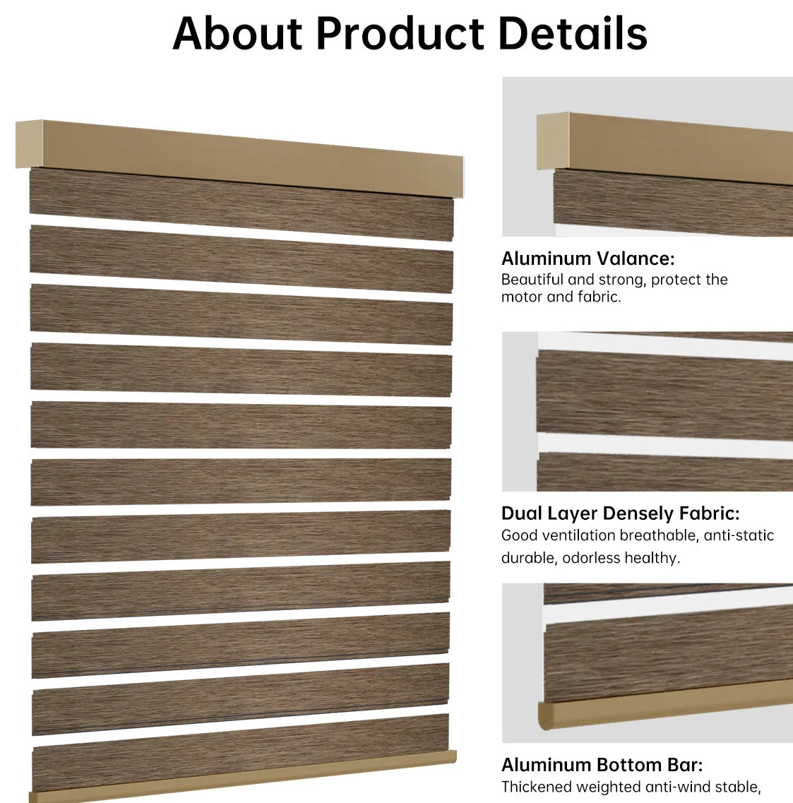 Close-up of coffee zebra shade headrail and bottom rail, highlighting sleek stripe design.