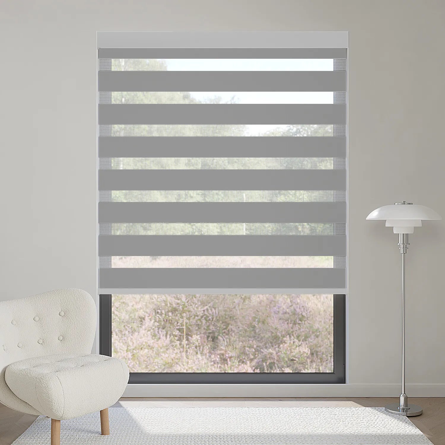 Classic 75% dark grey zebra shade partially blocks sunlight, adding a sophisticated layered effect to interiors.