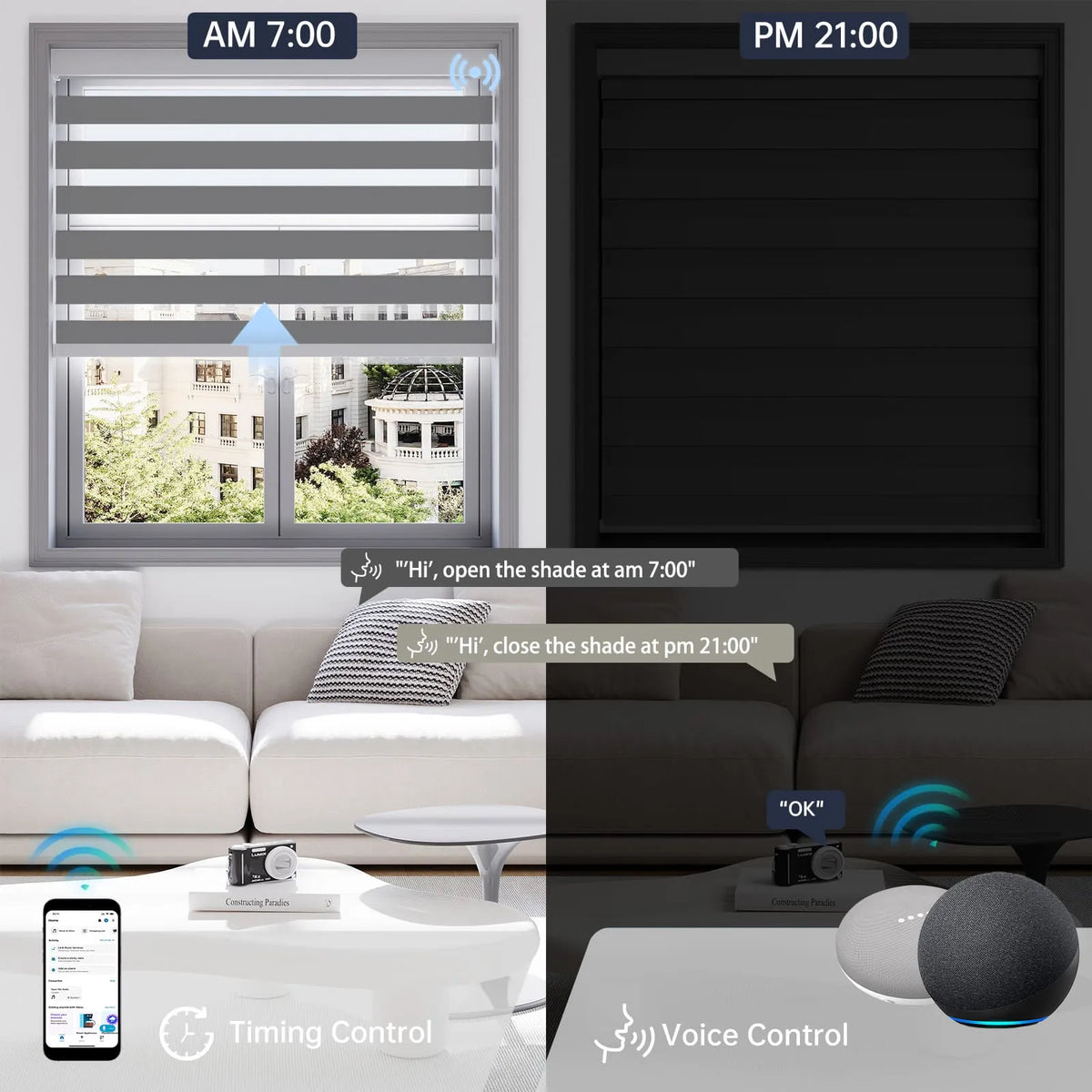 Motorized 75% dark grey zebra shade features scheduled timer and voice control for hands-free operation.