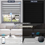 Motorized 75% dark grey zebra shade features scheduled timer and voice control for hands-free operation.