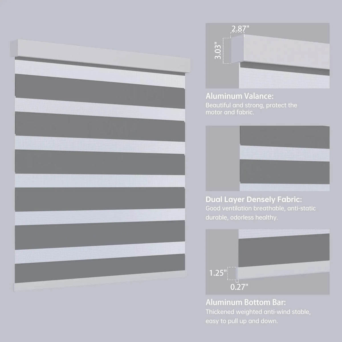Close-up of 75% dark grey zebra shade headrail and bottom rail, showcasing sleek striped design.