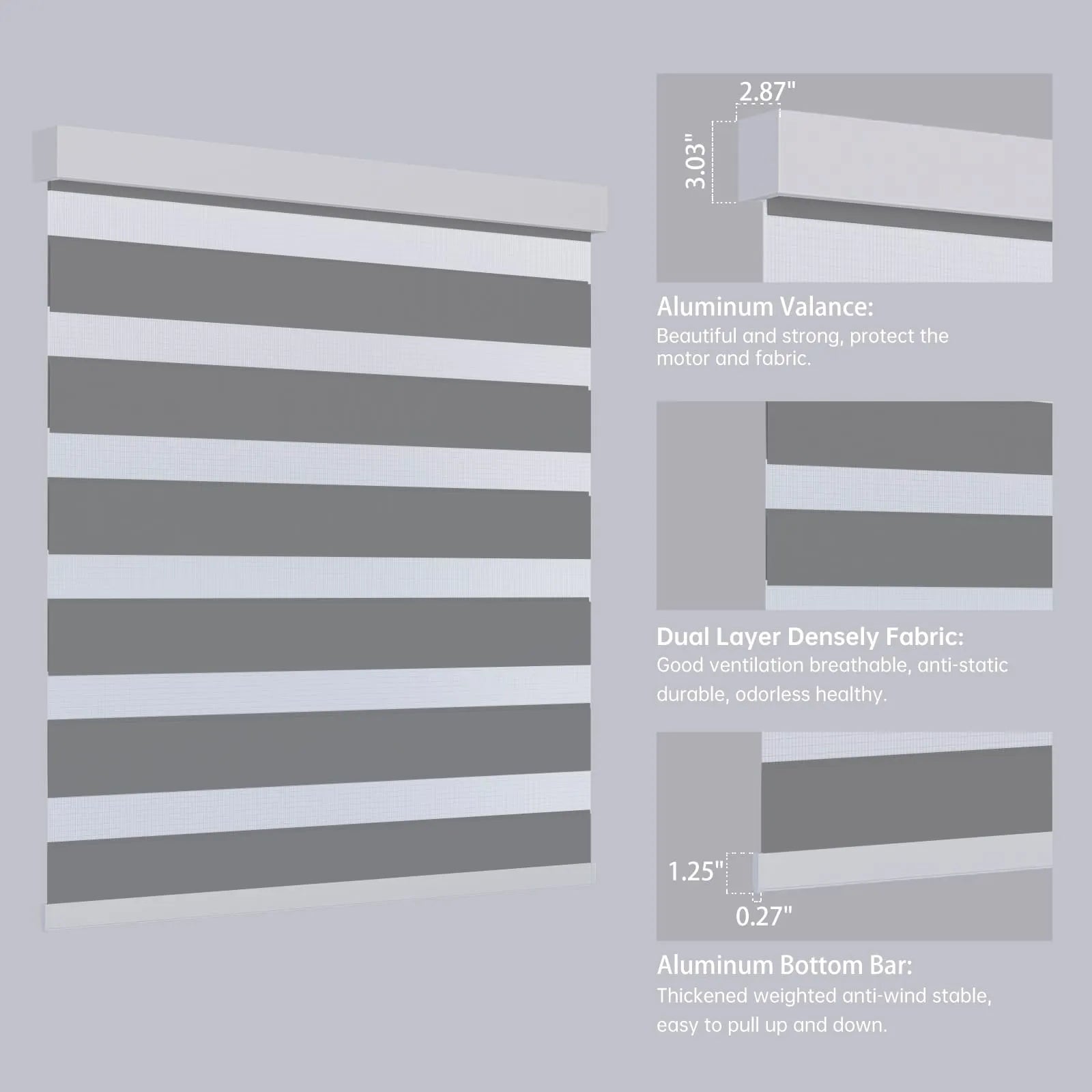 Close-up of 75% dark grey zebra shade headrail and bottom rail, showcasing sleek striped design.