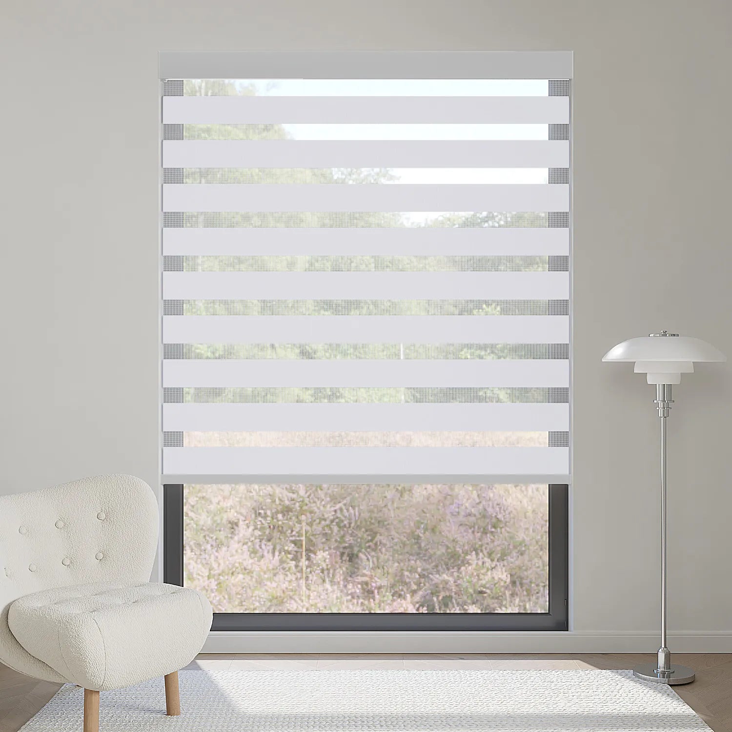 Greyish white motorized zebra shade blocks 90% sunlight, softly layering light for a bright, modern interior.