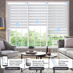 Greyish white zebra shade with app, voice, or hub remote, controlling up to 16 grouped shades easily.