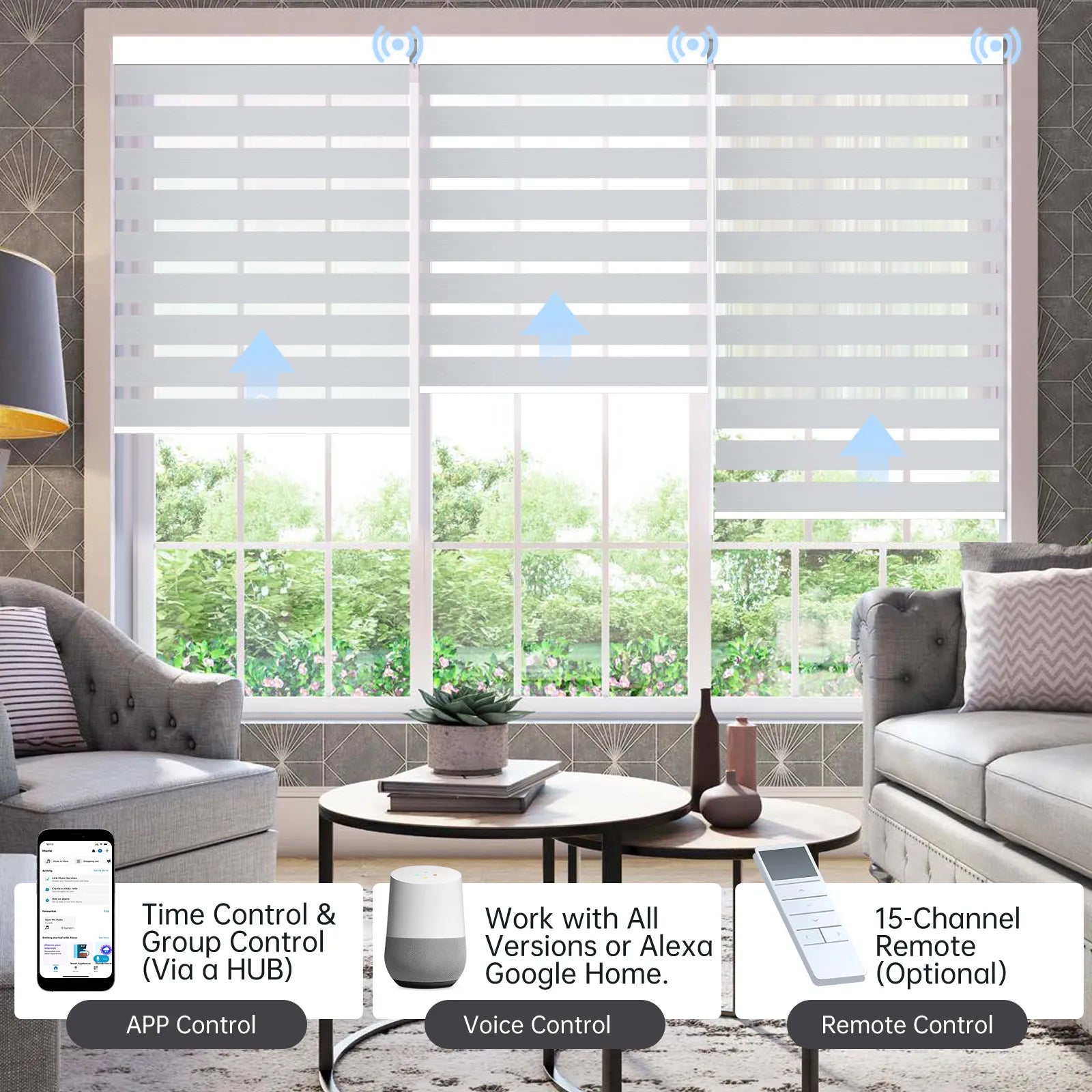 Greyish white zebra shade with app, voice, or hub remote, controlling up to 16 grouped shades easily.