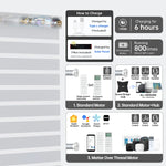 Smart greyish white motorized zebra shade with Bluetooth, Zigbee, or Matter motor; 6h charge powers 800+ uses.
