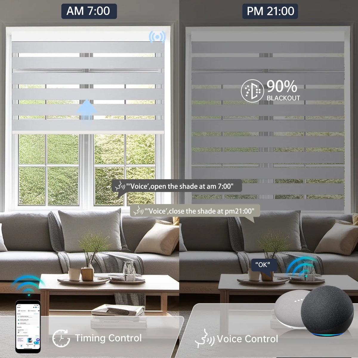 Motorized greyish white zebra shade supports voice control and scheduled timer for effortless daily use.