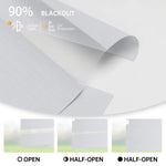 Greyish white zebra shade in fully open, half-open, and closed positions; soft light and sun protection.