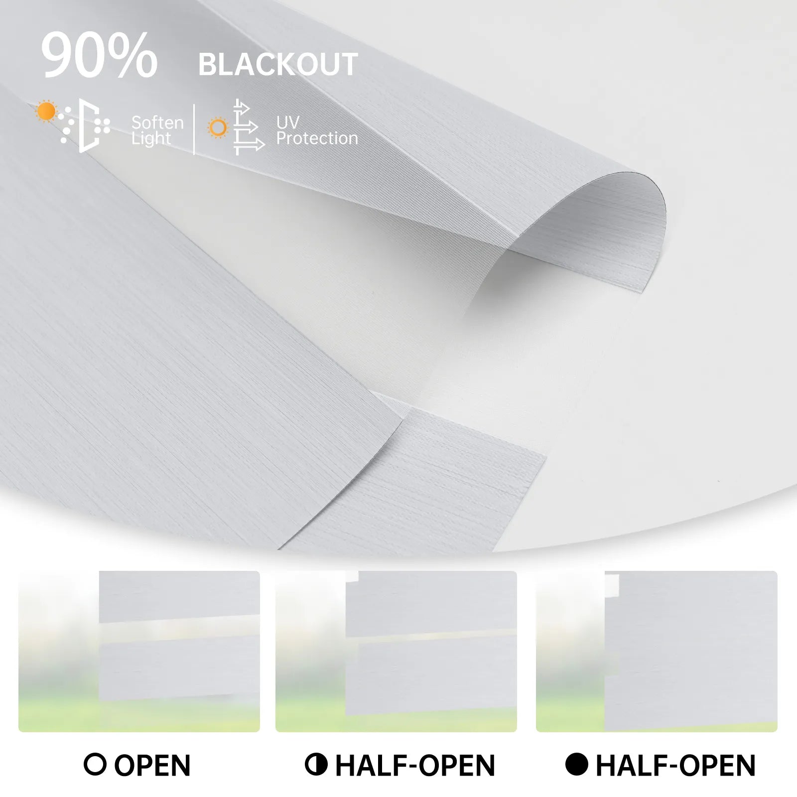 Greyish white zebra shade in fully open, half-open, and closed positions; soft light and sun protection.
