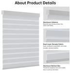 Close-up of greyish white zebra shade headrail and bottom rail, highlighting modern striped design.