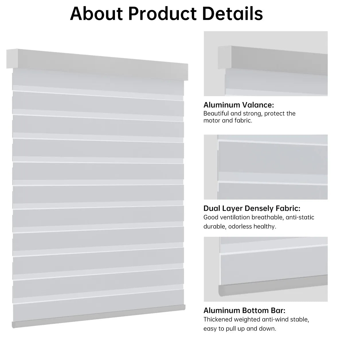 Close-up of greyish white zebra shade headrail and bottom rail, highlighting modern striped design.