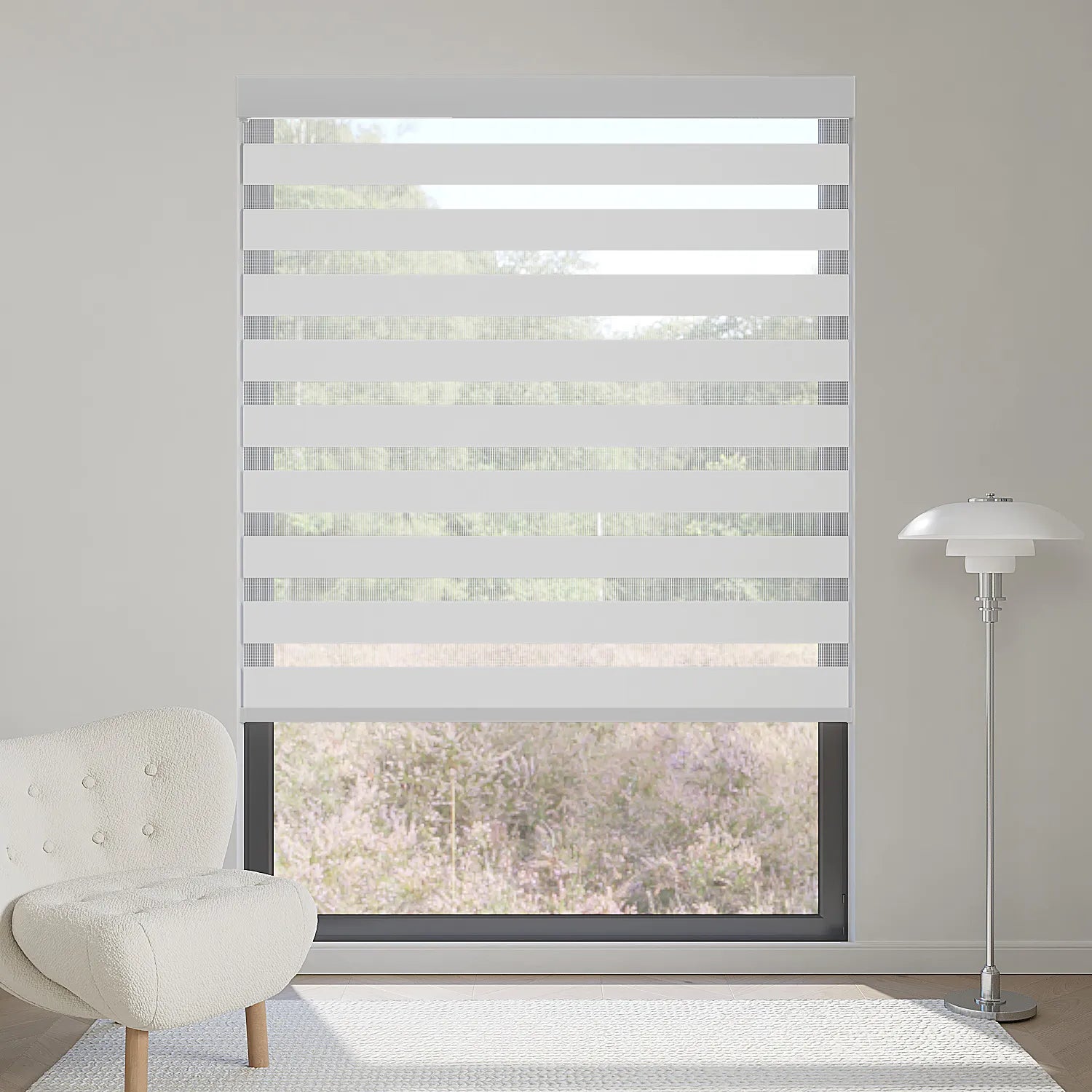 Premium 80% light gray zebra shade filters sunlight softly, creating modern layered lighting indoors.