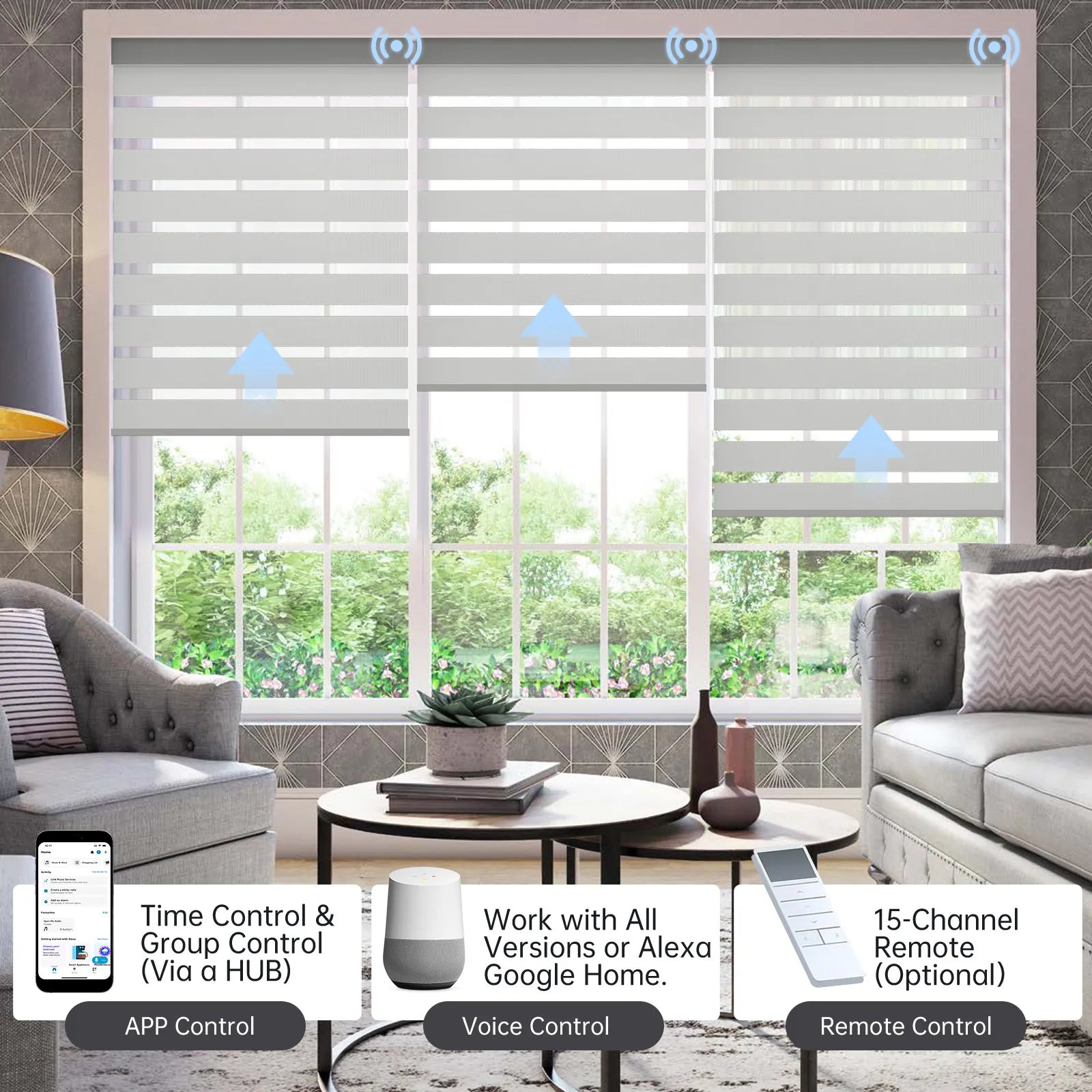 80% light gray zebra shade with app, voice, or hub remote; manages up to 16 grouped shades easily.